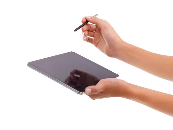 Trabalhar Numa Era Digital Homem Escrevendo Seu Touchpad — Fotografia de Stock