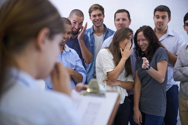 Her Authority Breaking Anxious Young Woman Facing Her Mocking Coworkers — Stock Photo, Image