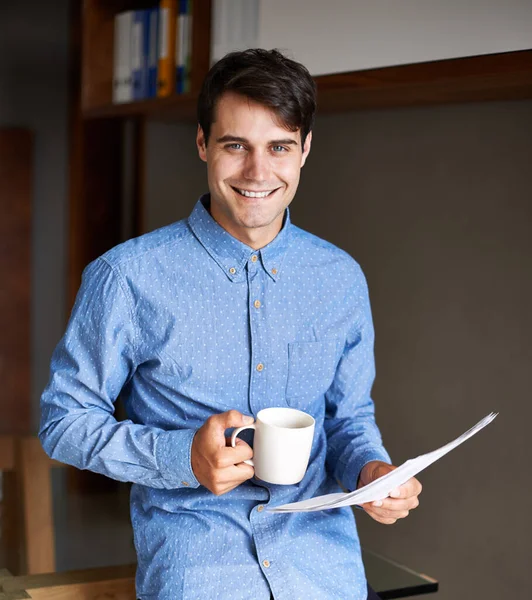 Starting Days Work Some Fresh Coffee Portrait Young Businessman Holding — Stock Photo, Image