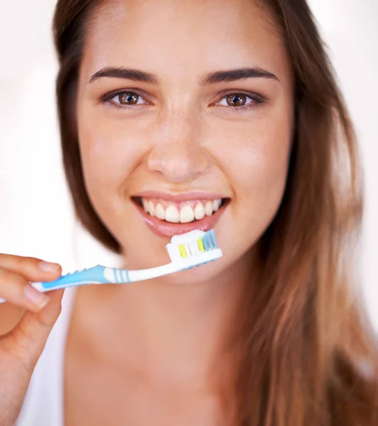 Want Smile Stunning Young Pretty Girl Brushing Her Teeth — Stock Photo, Image
