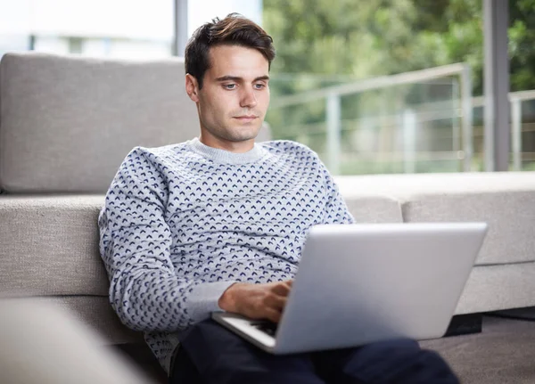 Hes Serious Relationship His Laptop Handsome Young Man Using His — Stock Photo, Image