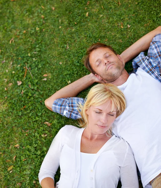 公園でリラックスしてください 魅力的なカップルの高角度ショットは 芝生の上に屋外に横たわっている — ストック写真