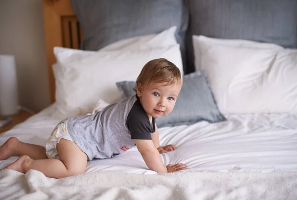 Explorando Sus Alrededores Adorable Bebé Gateando Una Cama —  Fotos de Stock