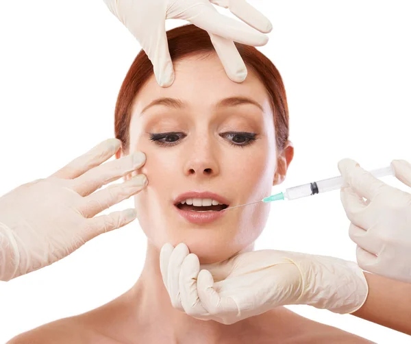 Voor Wat Gelukkig Maakt Een Mooie Vrouw Die Botox Injectie — Stockfoto