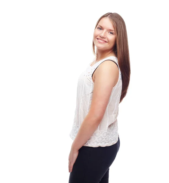 Позитивный Настрой Студийный Снимок Привлекательной Женщины Позирующей Белом Фоне — стоковое фото