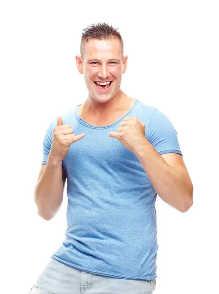 Casually Handsome Cropped Portrait Happy Man Gesturing Isolated White — Stock Photo, Image