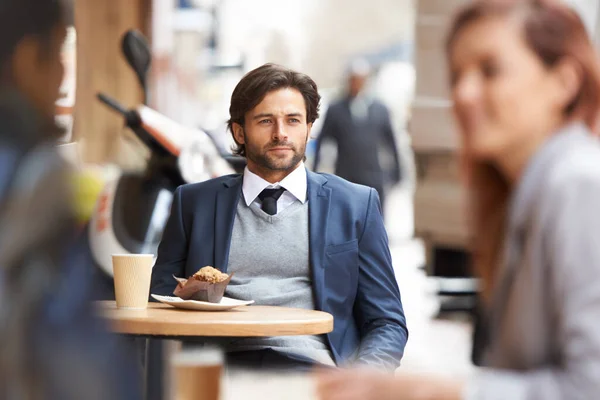 Contemplating Deadlines Thoughtful Businessman Sitting Coffee Shop City — Stock Photo, Image