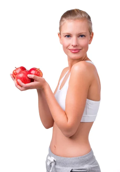 Garstka Zdrowia Portret Pięknej Młodej Kobiety Trzymającej Jabłka Dłoniach — Zdjęcie stockowe