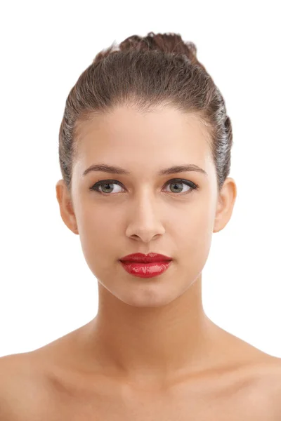 Φρέσκο Και Πανέμορφο Μια Όμορφη Νεαρή Γυναίκα Κόκκινα Χείλη Απομονωμένα — Φωτογραφία Αρχείου