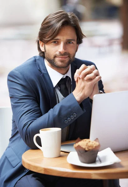 Favorite Place Coffee Wifi Portrait Content Businessman Sitting His Laptop — Stock Photo, Image