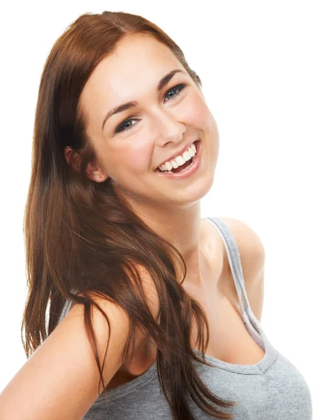 Heeft Een Positieve Houding Een Mooie Tiener Meisje Geïsoleerd Wit — Stockfoto