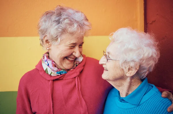 Barátok Boldogság Nyugdíj Egy Idősebb Nővel Baráttal Szabadban Együtt Színes — Stock Fotó