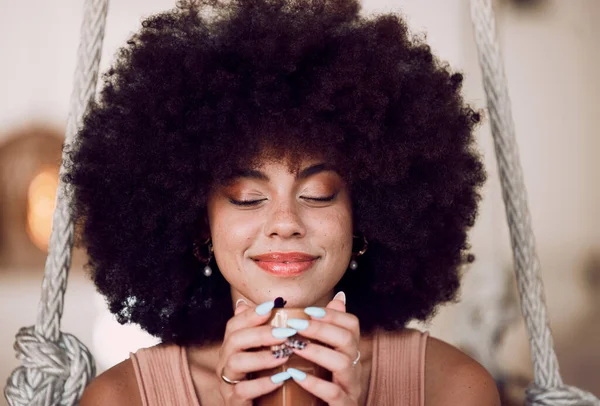 Black Woman Coffee Tea Cafe Relax Calm Peace Natural Afro — Stock Photo, Image