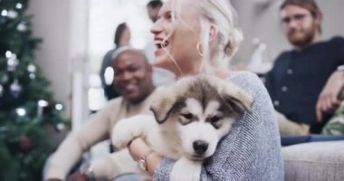 Yavru köpek, bayram etkinliğinde köpek gülüşlü ve hayvanlarla kaynaşan bir kadının Noel 'ini kutluyoruz. Dostlar, oturma odası ve insanların evcil hayvan hediyesini kutlamak için verdiği parti ve mutluluk..