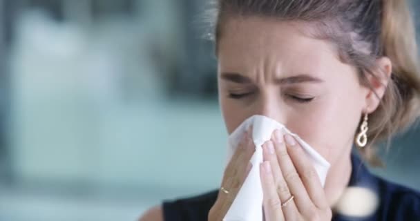 Blowing Nose Flu Sick Business Woman Modern Office Covid Risk — Stock Video