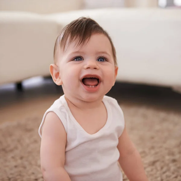 Delightfully Adorable Baby Boy Sitting Carpet Home — Stock Photo, Image