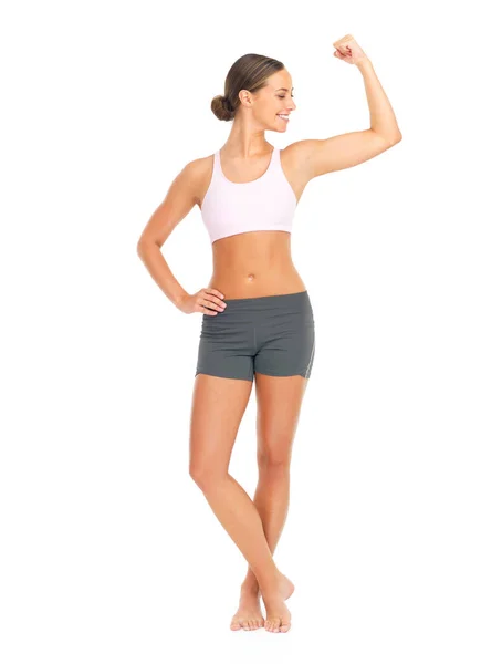 Napina Nowo Rozwinięte Mięśnie Studyjne Ujęcie Młodej Kobiety Zginającej Biceps — Zdjęcie stockowe