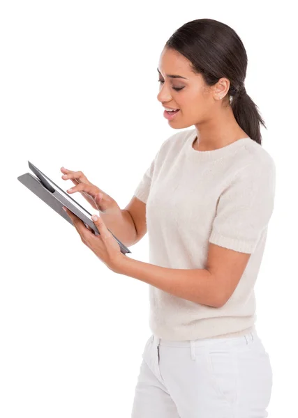 Tecnologia Touchpad Fantastica Una Giovane Donna Attraente Utilizzando Tablet Digitale — Foto Stock