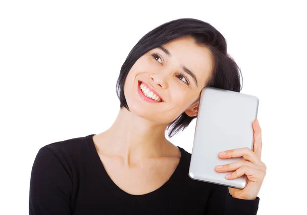Włącz Się Atrakcyjna Młoda Kobieta Korzystająca Tabletu Cyfrowego Białym Tle — Zdjęcie stockowe