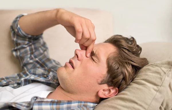 Sinuses Blocked Young Man Holding His Head Pain — Stock Photo, Image