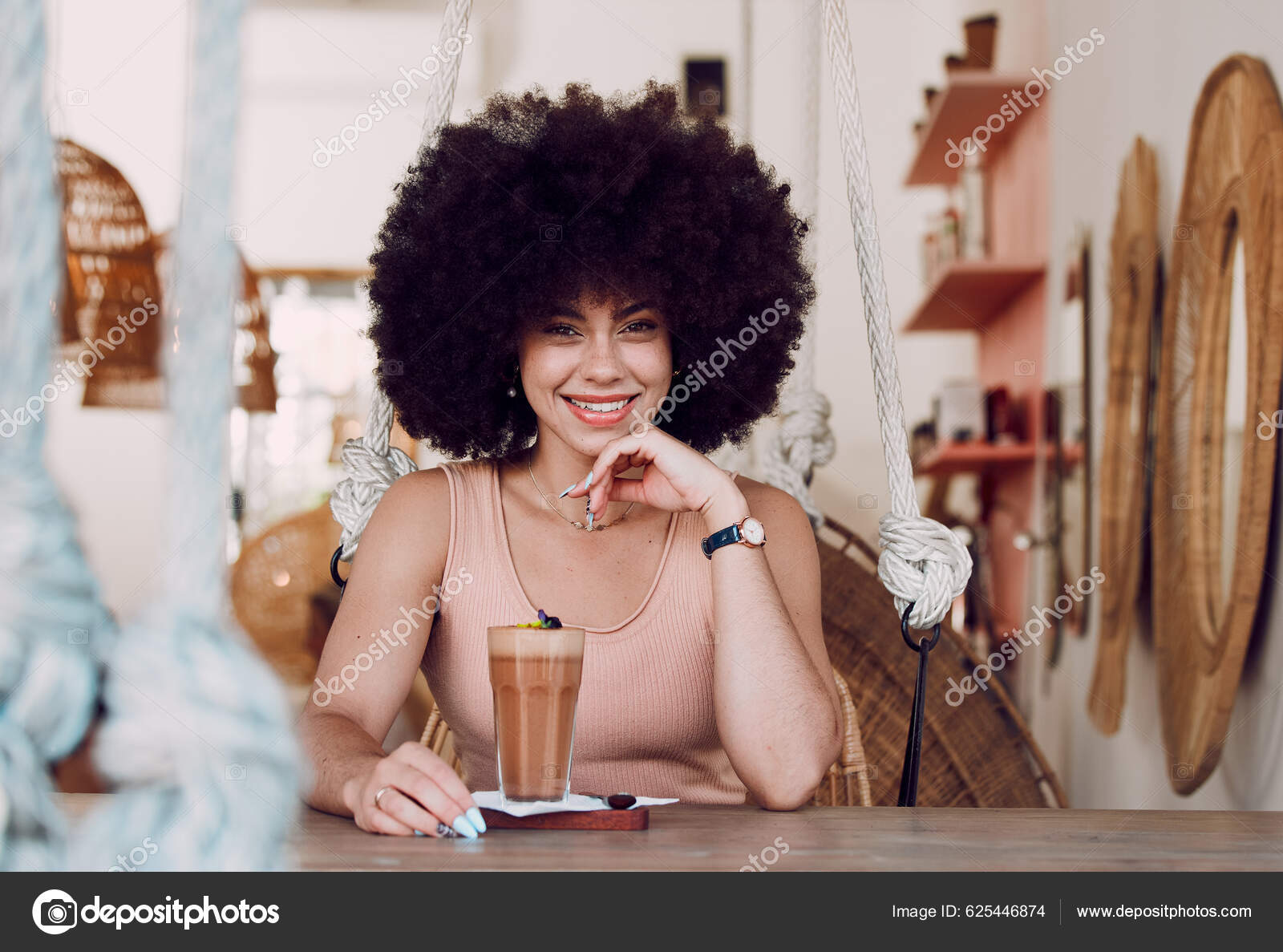 Black Woman Coffee Shop Portrait Drink Relax Natural Hair Smile.