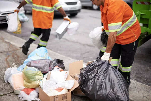 Manter Ruas Limpas Trabalhadores Saneamento Que Removem Lixo Rua — Fotografia de Stock