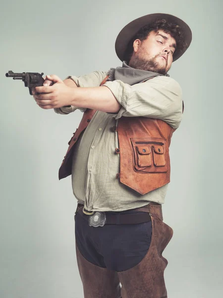 Doesnt Look Too Hard Hit Hapless Overweight Cowboy Shooting His — Stock Photo, Image