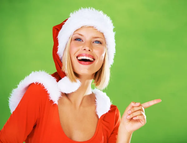 Wow Navidad Mujer Estudio Apuntando Comercialización Publicidad Espacio Marca Con — Foto de Stock