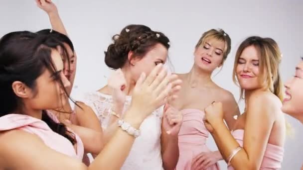 Party Wedding Bride Woman Her Friends Dancing Studio Gray Background — Stock Video
