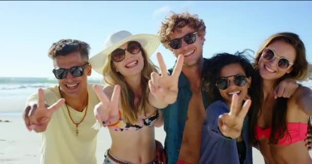 自拍和朋友们的和平签名手 多样性和快乐人群 或带着太阳镜在度假旅行中微笑 暑假和信任与支持的自由 — 图库视频影像