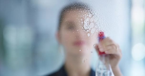 在办公室里用一个女人擦透明的窗户来喷 擦和清洁 用女性清洁剂喷洒 擦拭和卫生 用水洗围网中的细菌 — 图库视频影像
