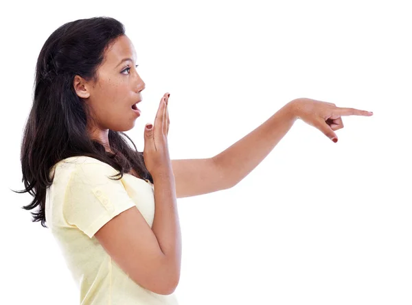 Look Young Woman Pointing Copyspace While Gasping — Stock Photo, Image