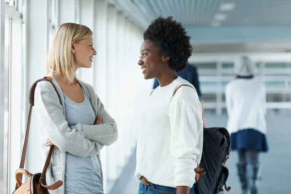 Even Roddelen Voor Les Begint Twee Studenten Vrienden Die Voor — Stockfoto