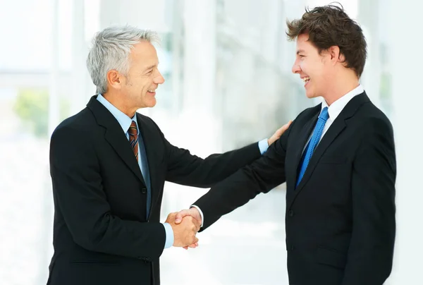 Welcome Company Mature Businessman Shaking Hands Younger Employee — Stock Photo, Image