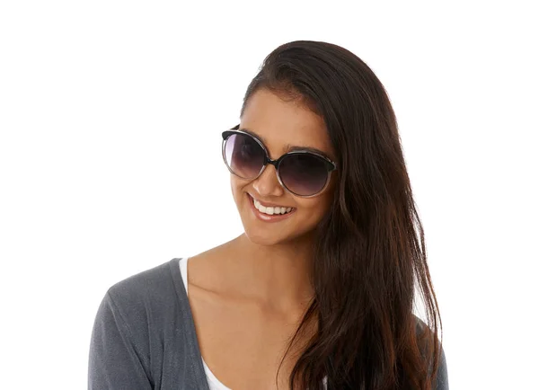 Sexy Tons Uma Bela Jovem Étnica Usando Óculos Sol Sorrindo — Fotografia de Stock