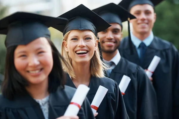 Thrilled Graduates Young College Graduates Holding Diplomas While Standing Row — Stock Photo, Image