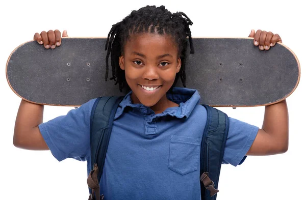 Ready Hit Streets Young African American Boy Holding His Skateboard — Stock Photo, Image