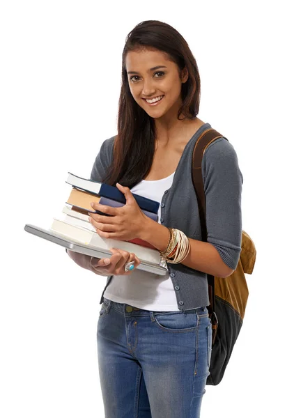 Ready New Semester Young Ethnic Woman Laptop Pile Books — Stock Photo, Image