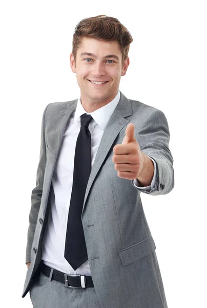 親指を立てる ビジネスの成功 白に隔離されたハンサムな若い実業家 — ストック写真