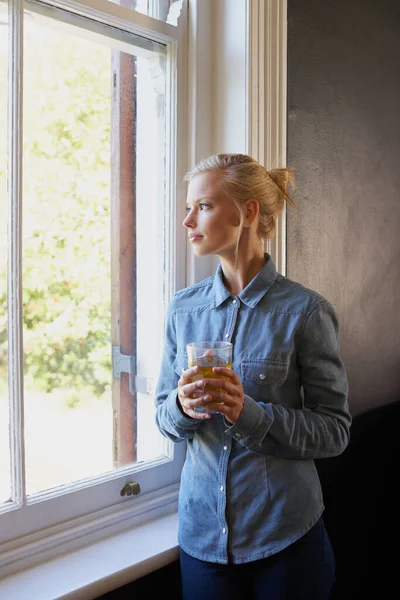 Having Relaxed Day Home Young Woman Drinling Tea While Standing — Stock Photo, Image