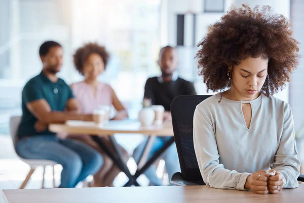 stock image Work burnout, anxiety and mental health with woman, sad worker, problem or fail at company with depression from staff office gossip. Tired employee, thinking of mistake with life and stress with job