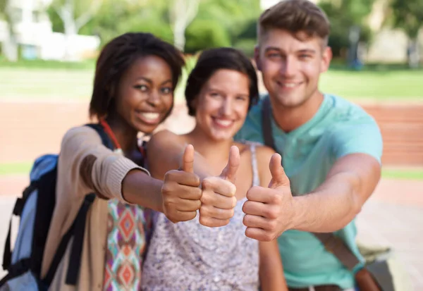 Collegeuniversity Best Place Study Group Students Smiling Camera Holding Thumbs — Stock Photo, Image