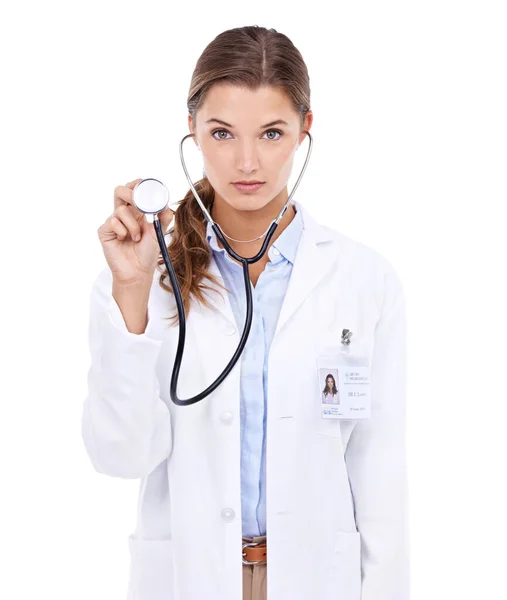 Lets Take Listen Your Heart Portrait Attractive Young Doctor Holding — Stock Photo, Image