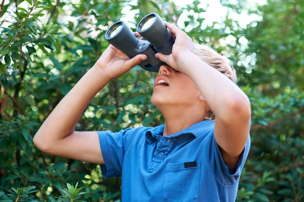 Vogelbeobachtung Macht Spaß Ein Kleiner Junge Blickt Durch Sein Fernglas — Stockfoto