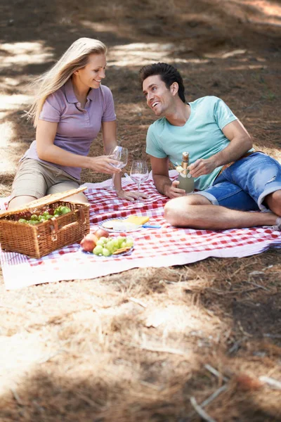 没有什么比浪漫野餐更好的了 一对快乐的年轻夫妇在森林里享受浪漫的野餐 — 图库照片