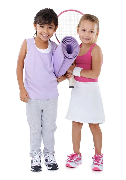 Cant Wait Get Started Portrait Two Little Girls Sportswear Isolated — Stock Photo, Image