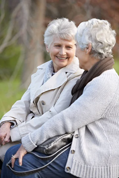 Stock image Catching up with an old friend. Two smiling senior women sitting together outdoors