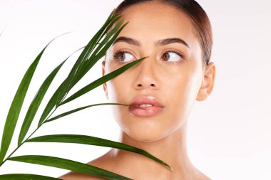 Leaf, beauty and woman with heatlhy skincare, natural cosmetics and wellness, glow and sustainability on studio background. Beautiful model face, green leaves from plants and eco friendly dermatology. clipart