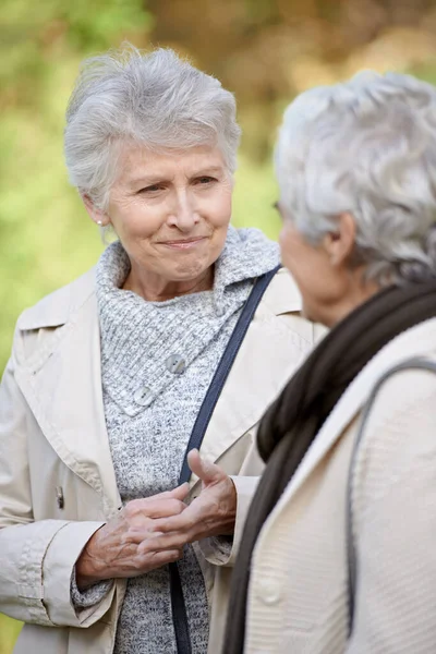 Przyjacielskie Ucho Starsze Kobiety Uśmiechające Się Słuchające Przyjaciela — Zdjęcie stockowe