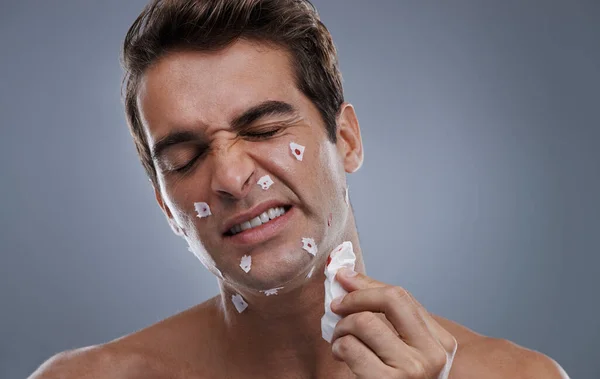 Bad Morning Shaving Man Shaving Nicks All His Face — Stock Photo, Image